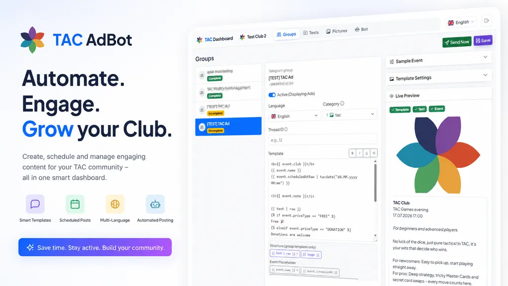 TAC Club Dashboard with group management for the ad bot