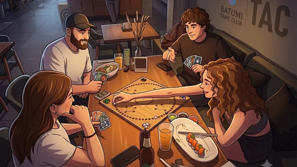 Four people playing TAC at a table in a restaurant in Batumi